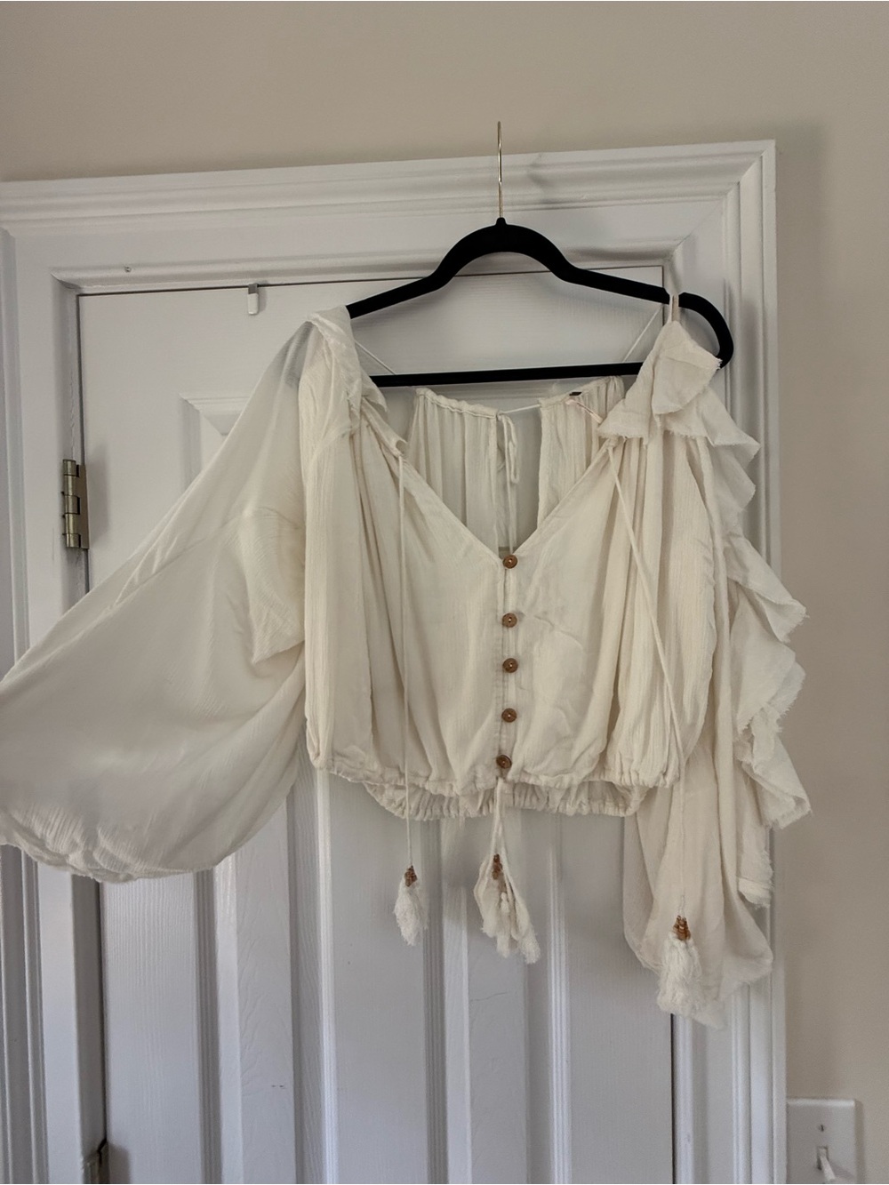 Free People White Vintage Ruffled Off-Shoulder Tassel Cropped Blouse - Picture 2 of 5